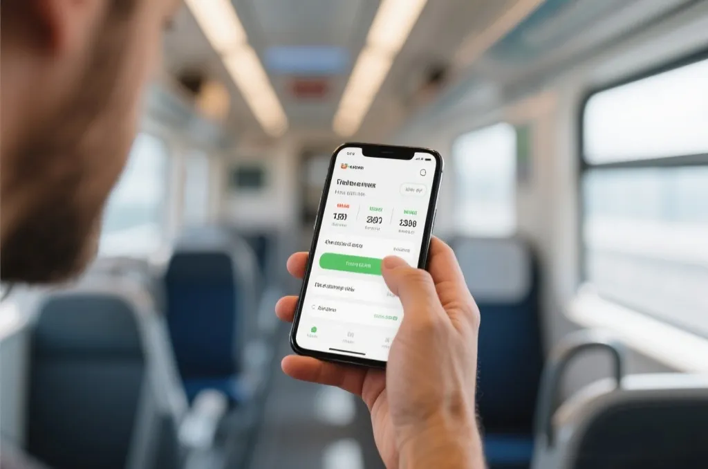 Close-up of a person holding a smartphone showing a clean sports application interface with live scores on a train