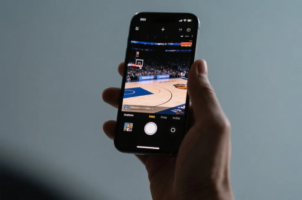 Close-up of a high-end smartphone displaying a smooth, high-definition live basketball game stream, held in hand, minimalist background, professional editorial photography