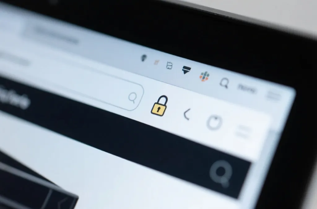 Close-up of a laptop screen showing a web browser address bar with a prominent secure padlock icon, clean and professional design